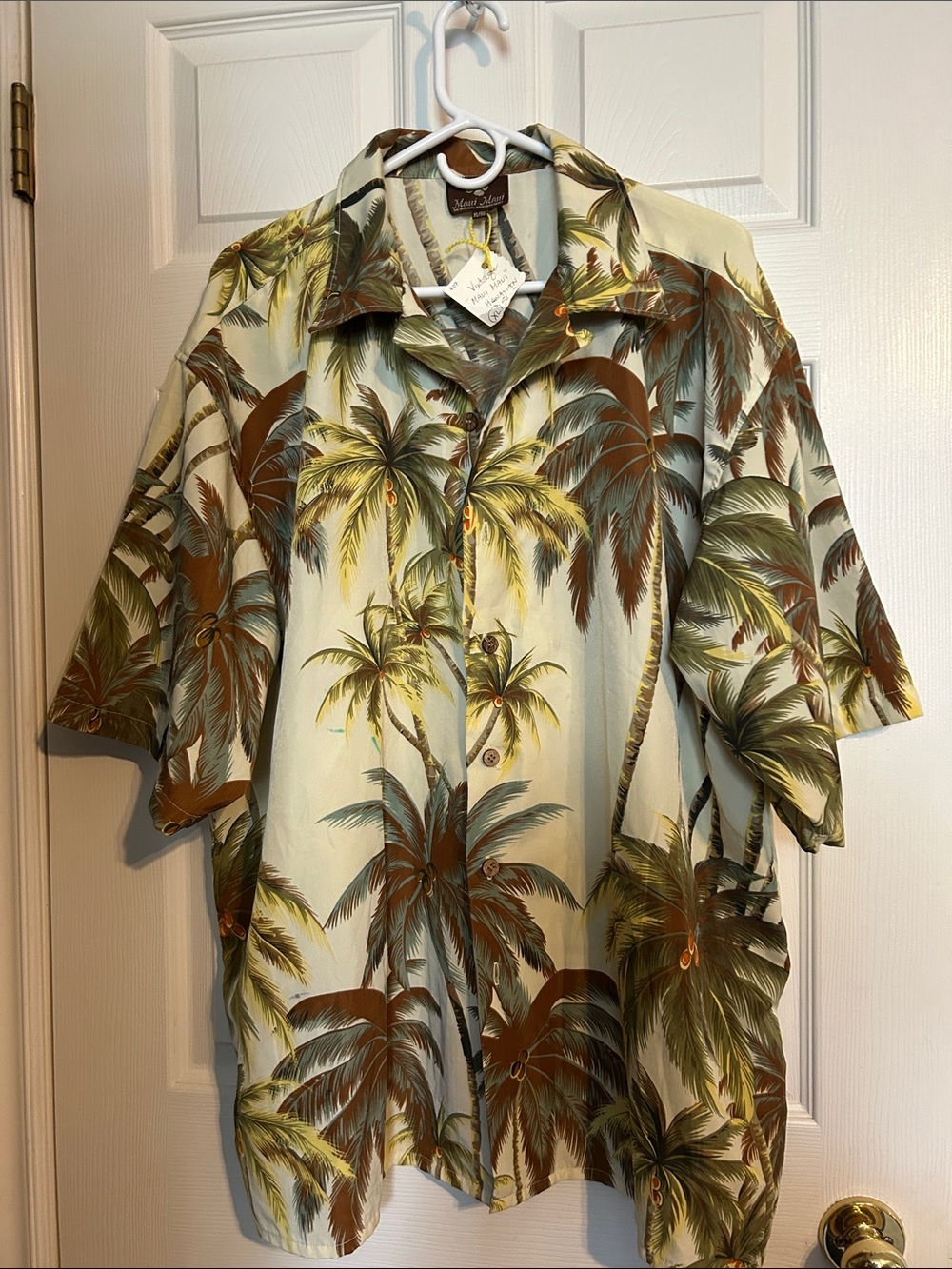 Vintage Hawaiian Palm Tree Camp Shirt in Cream, Green & Brown XL